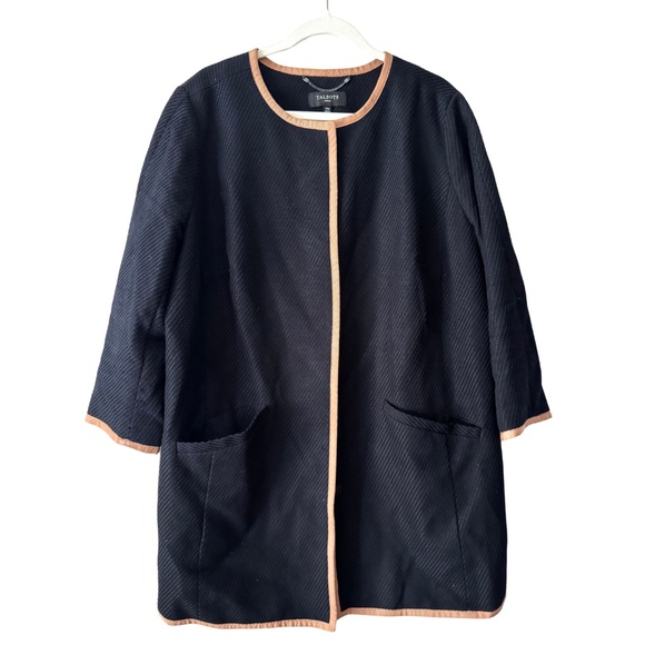 Talbots Black long coat with tan ribbon trim - Picture 1 of 9